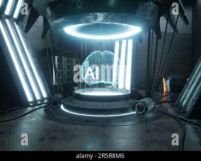 Technologie de l'intelligence artificielle de la révolution de l'IA dans le processus de codage avec ensemble de données et Internet des objets, machine d'apprentissage profond. Réseau neuronal de Cloud computing. 3d animation de rendu. Banque D'Images