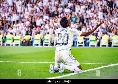 Vinicius Junior (Real Madrid) pendant le match de football betweenReal Madrid et Athletic Club Bilbao valable pour le match 38 de la ligue espagnole de première division la Liga célébrée à Madrid, Espagne au stade Bernabeu le dimanche 04 juin 2023 Banque D'Images