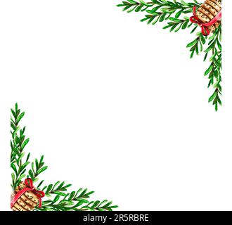 Cadre de Noël avec branches de sapin Aquarelle dessin à la main pour les invitations, les cartes de vœux, les tirages, l'emballage et plus encore. Joyeux noël et Banque D'Images