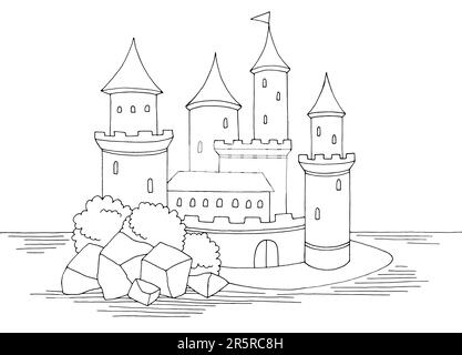 Château sur l'île graphique noir blanc paysage esquisse vecteur Illustration de Vecteur