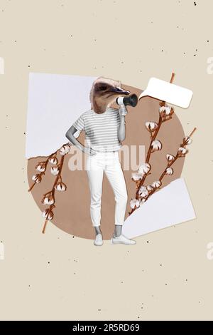 Image absurde collage drôle illustration de l'autruche tête animal discours annonce de nouvelles de haut-parleur isolé sur fond beige Banque D'Images
