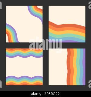 Ensemble vectoriel d'arrière-plans rétro avec bandes de couleur arc-en-ciel et espace de copie. Bannières abstraites pour le mois de la fierté LGBT. Modèle de circulaire, social Illustration de Vecteur