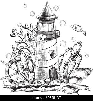 Phare avec coraux, algues, gouvernail et poisson sur fond blanc, dessiné à la main dans un graphique. Vecteur, composition marine, po Illustration de Vecteur