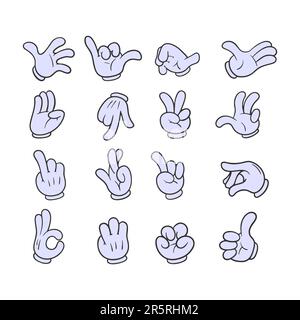 Bras gantés. Mains de bande dessinée en gants, bras de doodle rétro avec différents gestes vecteur icônes d'illustration isolées ensemble Illustration de Vecteur