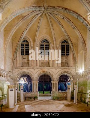 France, Seine-Maritime (76), Saint-Martin-de-Boscherville, Abbaye de Saint-Georges, festival pierres en Lumières, entrée à la salle du Chapitre illuminée, vue vers la galerie du cloître Banque D'Images