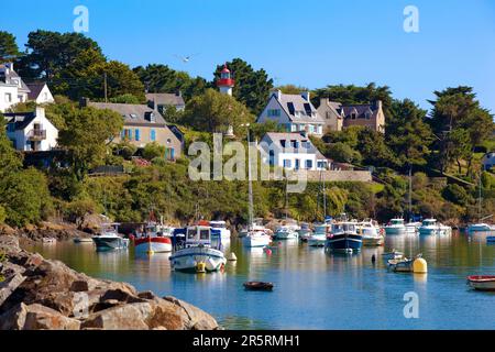 France, Finistère, Clohars Carnoet, bateaux de pêche et de plaisance devant le phare en amont de Doelan, petit port typique du sud du Finistère Banque D'Images