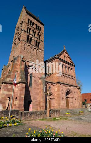 France, Haut Rhin, Gueberschwihr, église Saint Pantaléon reconstruite à la fin du 19th siècle, clocher du 12th siècle Banque D'Images