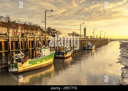 France, somme, Baie de somme, le Hourdel, lever de soleil sur la baie et la petite ville du Hourdel et son port qui abrite encore quelques chalutiers (vue aérienne) Banque D'Images