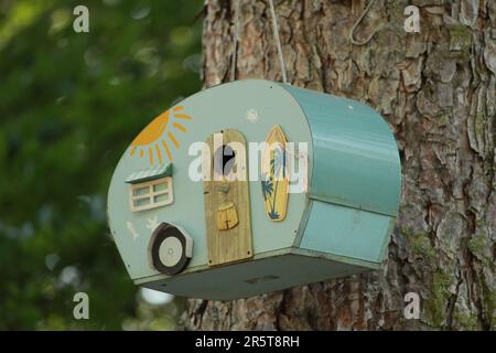 Une petite cabane à oiseaux en bois est suspendue à une branche d'arbre dans un environnement naturel extérieur Banque D'Images