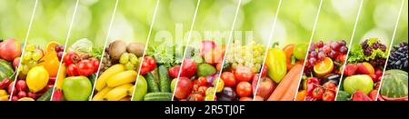 Fruits, légumes, baies séparés par des lignes obliques sur fond vert. Grand panorama. Banque D'Images