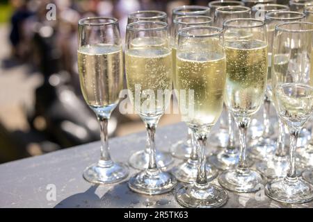 Une sélection de verres à vin à pied clair disposés en ligne sur une table en bois Banque D'Images