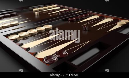 Un plateau de backgammon en bois avec toutes les pièces et les dés en place, prêt pour le jeu Banque D'Images