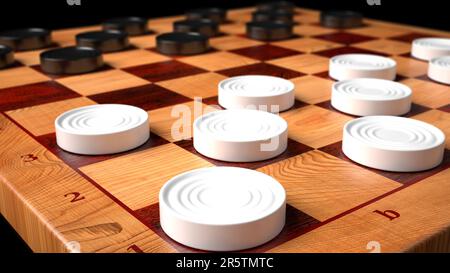 Un tableau à carreaux noir et blanc avec une collection de pièces d'échecs miniatures disséminées sur la surface de jeu Banque D'Images