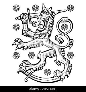 Motif lion héraldique. Lion héraldique avec épée, dessiné dans un style rétro vintage. Illustration de Vecteur