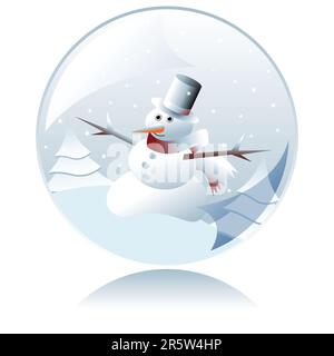 Bonhomme de neige de Noël à l'intérieur d'une boule de cristal sur fond blanc Illustration de Vecteur