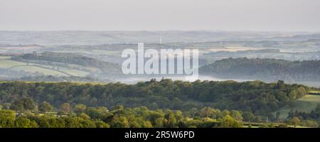 La brume matinale s'élève de la forêt de la vallée de Lyd dans le paysage vallonné de West Devon et de Cornwall comme vu de Brant Tor colline sur le bord o Banque D'Images