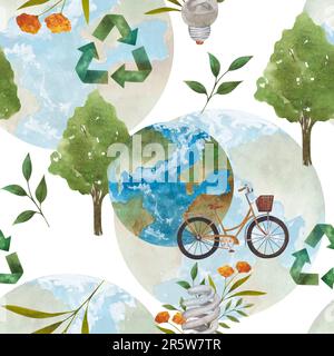 Motif sans couture avec feuilles, planète, panneau de recyclage et inscription sur un thème zéro déchet sur fond blanc. Parfait pour les brochures, les promotions Banque D'Images