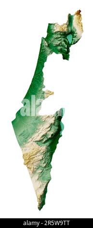 Israël. Rendu 3D très détaillé d'une carte de relief ombrée avec rivières et lacs. Coloré par élévation. Arrière-plan blanc. Créé avec des données satellite. Banque D'Images