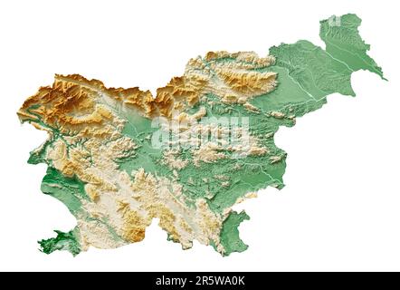 Slovénie. Rendu 3D très détaillé d'une carte de relief ombrée avec rivières et lacs. Coloré par élévation. Arrière-plan blanc. Créé avec données satellite. Banque D'Images