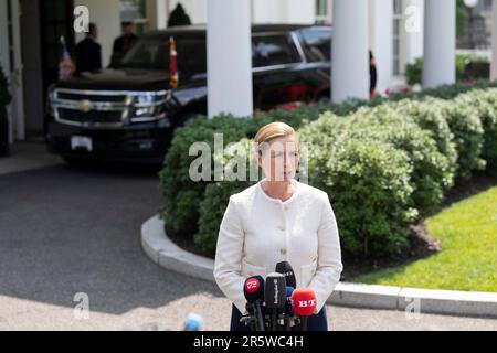 Washington, États-Unis. 05th juin 2023. Le Premier ministre danois, Mette Frederiksen, parle aux médias après avoir rencontré le président des États-Unis, Joe Biden, à la Maison Blanche à Washington, DC, 5 juin 2023.Credit: Chris Kleponis/Pool via CNP Credit: Abaca Press/Alay Live News Banque D'Images