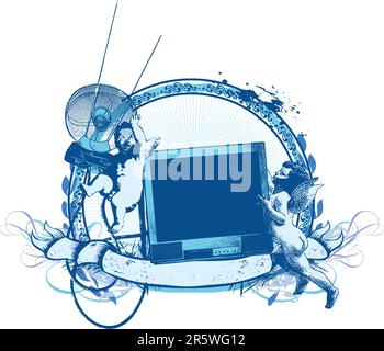 Insigne du vecteur et de bannière. Deux jolies cupids essayant de trouver une chaîne de télévision. Illustration de Vecteur