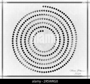 Calendrier lunaire 2024, phases de la lune en spirale sur fond blanc Banque D'Images