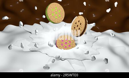 Trois biscuits sandwich à la crème au chocolat, aux fraises et au citron éclaboussant sur une surface de lait sur fond de chocolat liquide. 3D illustrae Banque D'Images