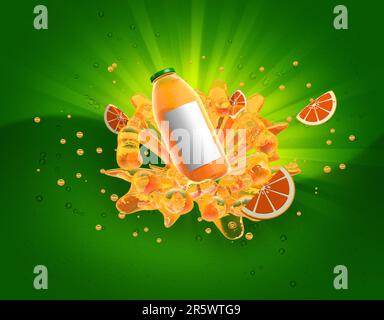 Bouteille de jus d'orange avec bouchon vert éclaboussant de liquide orange entouré de bulles et de tranches d'orange sur fond vert avec lumière jaune venant o Banque D'Images