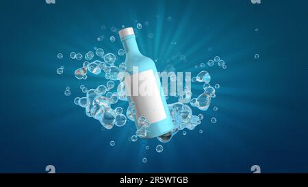 Flacon en verre bleu clair avec bouchon et étiquette blanche éclaboussant des bulles sur fond bleu avec lumière blanche provenant du centre de l'image. 3D Ilustreti Banque D'Images