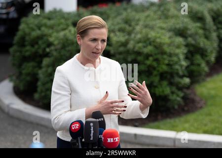 Washington, États-Unis. 05th juin 2023. Le Premier ministre danois, Mme Frederiksen, s'adresse aux médias après avoir rencontré le président des États-Unis, Joe Biden, à la Maison Blanche à Washington, DC, 5 juin 2023. Photo de Chris Kleponis/UPI crédit: UPI/Alay Live News Banque D'Images