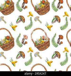 Panier en osier à motif sans couture, champignons comestibles, herbe, feuilles. Encore-vie d'automne. Composition des dons de forêt. Illustration aquarelle dessinée à la main Banque D'Images