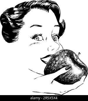 Vintage 1950s gravé-style femme mangeant une pomme. Détails noirs et blancs d'authentiques planches à gratter dessinées à la main. Illustration de Vecteur