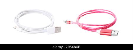 Câbles USB avec différents connecteurs sur fond blanc Banque D'Images