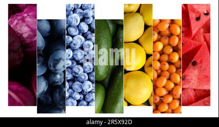 Collage avec de nombreux fruits et légumes mûrs sur fond blanc Banque D'Images