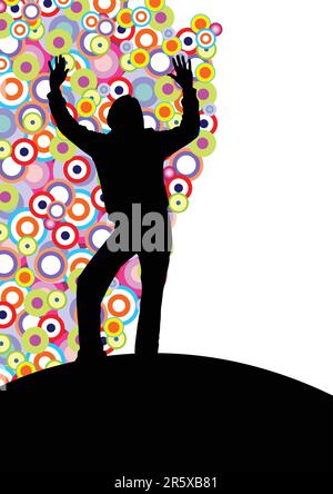Silhouette de femme gagnante sur un fond de cercles colorés Illustration de Vecteur