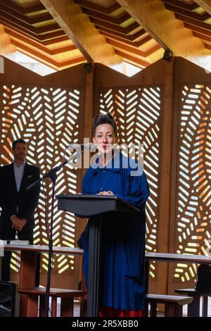 Londres, Royaume-Uni, 05th juin 2023, le pavillon Serpentine 2023 conçu par l'architecte franco-libanais Lina Ghotmeh est dévoilé au public le 9th juin 2023 à Serpentine South. Il s'agit du Pavillon de 22nd et est soutenu par Goldman Sachs pour l'année 9th., Andrew Lalchan Photography/Alamy Live News Banque D'Images