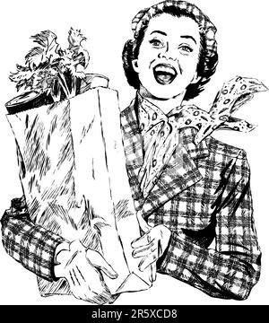 Vintage 1950s gravé-style femme avec sac d'épicerie. Détails noirs et blancs d'authentiques planches à gratter dessinées à la main. Illustration de Vecteur