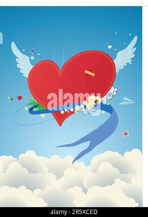 Funky Cool flying coeur rouge au-dessus des nuages. Grand pour la Saint-Valentin et cartes postales mariage Illustration de Vecteur