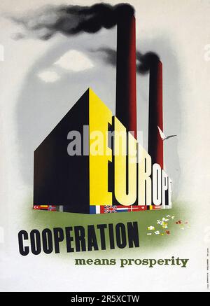 Une affiche de 1950 faisant la promotion du Plan de relance européen (généralement appelé Plan Marshall). Le plan Marshall était un programme d’aide financière très ambitieux proposé par le secrétaire d’État américain George Marshall. Il a compris qu’une Europe détruite et prospère devait avoir une aide financière si elle devait se rétablir et éliminer la menace d’une insurrection communiste. L'aide n'a pas été prêtée et chaque pays a décidé de la manière dont il utiliserait les fonds. Au cours des trois années de ce programme, les États-Unis ont donné à l'Europe $13 milliards, une somme colossale de $175 milliards aux valeurs actuelles. Ce plan généreux et de loin a été un grand fac Banque D'Images