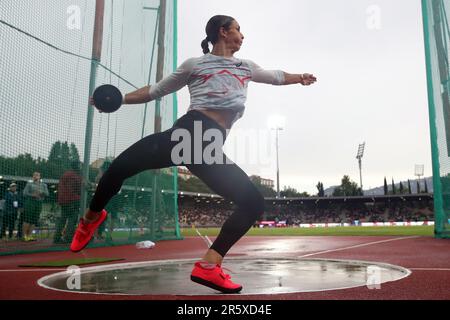 Valarie Allman (USA) remporte le disque féminin avec un lancer de 216-5 (65.96m) lors du Golden Gala Pietro Mennea, vendredi 2 juin 2023, à Florence, Italie. (Jiro Mochizuki/image du sport) Banque D'Images