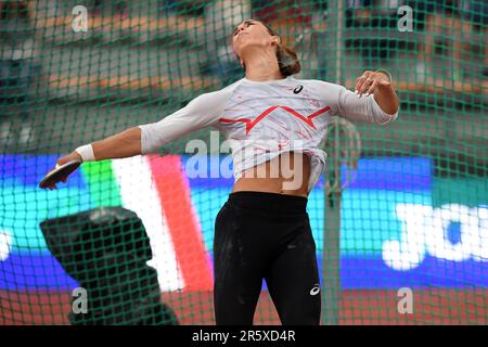 Valarie Allman (USA) remporte le disque féminin avec un lancer de 216-5 (65.96m) lors du Golden Gala Pietro Mennea, vendredi 2 juin 2023, à Florence, Italie. (Jiro Mochizuki/image du sport) Banque D'Images