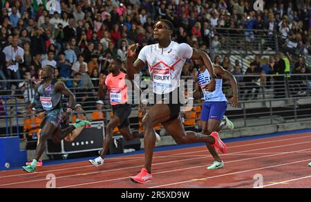 Fred Kerley (USA) remporte le 100m en 9,94 lors du Golden Gala Pietro Mennea, vendredi 2 juin 2023, à Florence, Italie. (Jiro Mochizuki/image du sport) Banque D'Images