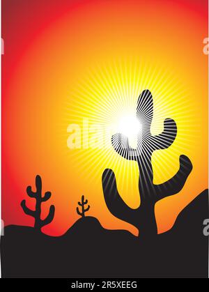 Paysage de cactus mexicains au coucher du soleil Illustration de Vecteur