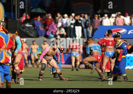 Ouverture du festival naadam 2022, Khashbaataryn Tsagaanbaatar, champion asiatique et mondial du judo et médaillé olympique de bronze, il lutte en mongol. Banque D'Images