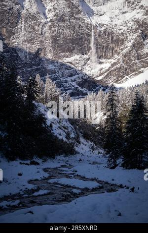 Spindrift ou petite avalanche en septembre dans les parois rocheuses des monts Karwendel, forêt couverte de neige en premier plan Banque D'Images