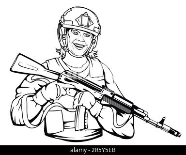 Fille soldat. Illustration vectorielle d'une belle esquisse de femme en vêtements militaires. Jeune fille en costume de soldat de l'armée. Illustration de Vecteur