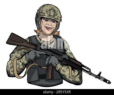 Fille soldat. Illustration vectorielle d'une belle femme en vêtements militaires. Jeune fille en costume de soldat de l'armée. Illustration de Vecteur