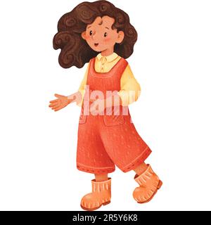 Adorable fille afro-américaine en combinaison rouge. Fermier en bottes de caoutchouc orange. illustrations isolées en aquarelle dans un style de dessin animé. thème enfant dessiné à la main Banque D'Images