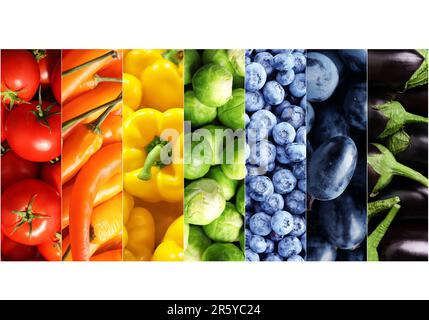 Collage avec de nombreux fruits et légumes mûrs sur fond blanc Banque D'Images