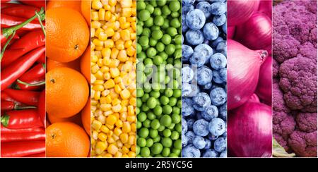 Collage avec de nombreux fruits et légumes mûrs différents Banque D'Images